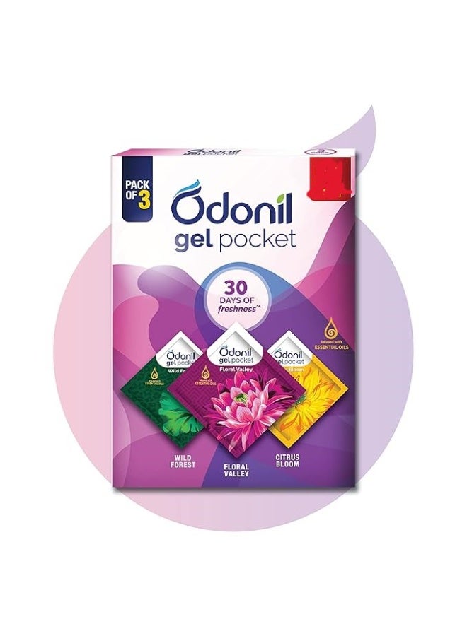 Odonil Gel Pocket Mix - 30g (Assorted pack of 3 new fragrances) | Infused with Essential Oils | Germ Protection |Long Lasting | Lasts Up to 30 days | Air Freshener for Bathroom, Toilet, Home & Office - Image 3